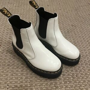 Dr. Martens White Leather Platform Chelsea Boots with Black Elastic
